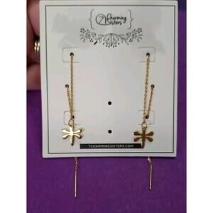 Dragonfly Long Dangle Threader Chain Earrings Shiny Yellow Gold Tone New